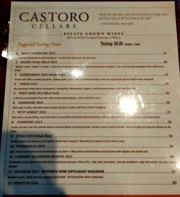 Castoro Cellars wine tasting menu, free with our wine passport